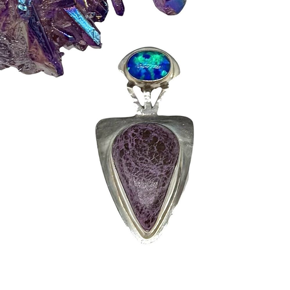 Purpurite & Blue Fire Opal Necklace Pendant Solid 925 Sterling Silver